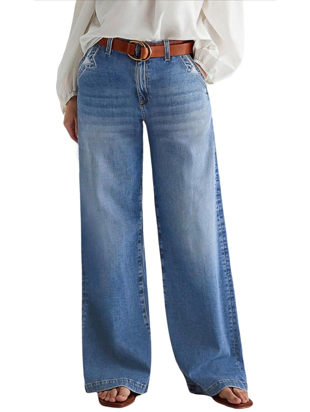 Flamingals Wide Leg Mid Waist Baggy Stitch Decor Denim Jeans for Women 2XL